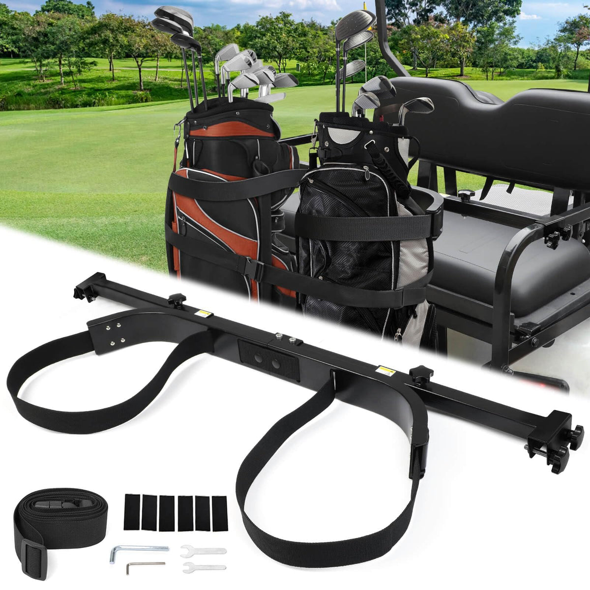 MOSNAI rear seat bag holder bracket mounted on a golf cart with bags attached