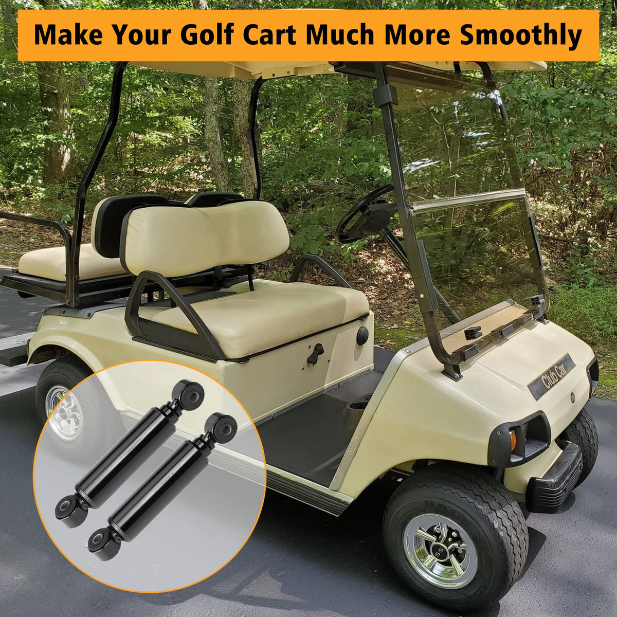 MOSNAI packaging image showing a complete front shock absorber set for Club Car.
