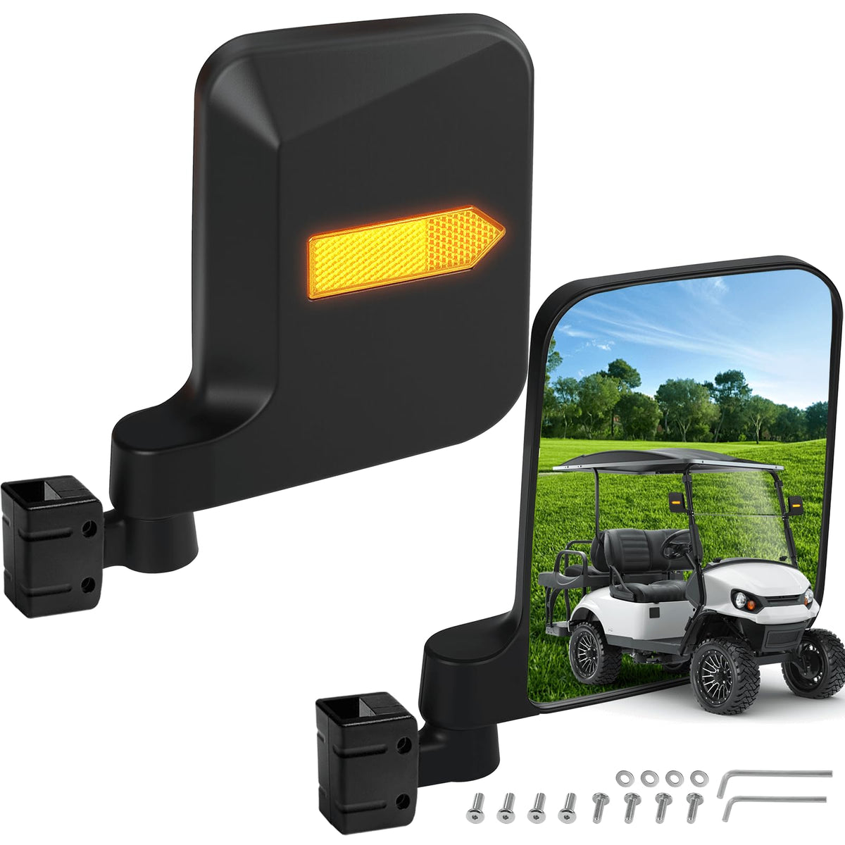 MOSNAI universal-fit golf cart mirror improves rear visibility on EZGO, Club Car, and Yamaha.