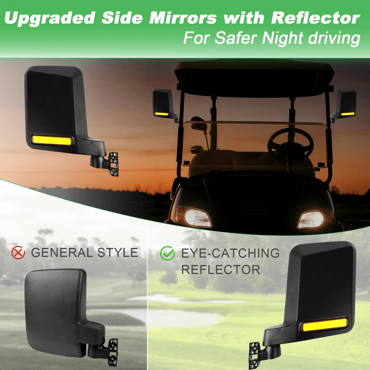 MOSNAI universal golf cart mirror fits 0.75 inch to 1.25 inch square tubes.