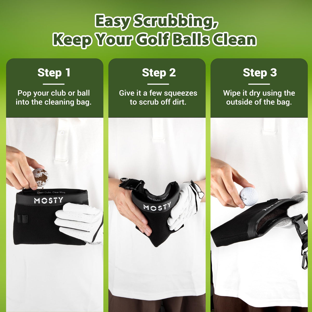 MOSTY Golf Club Cleaner Bag clip on belt loop enables hands-free cleaning