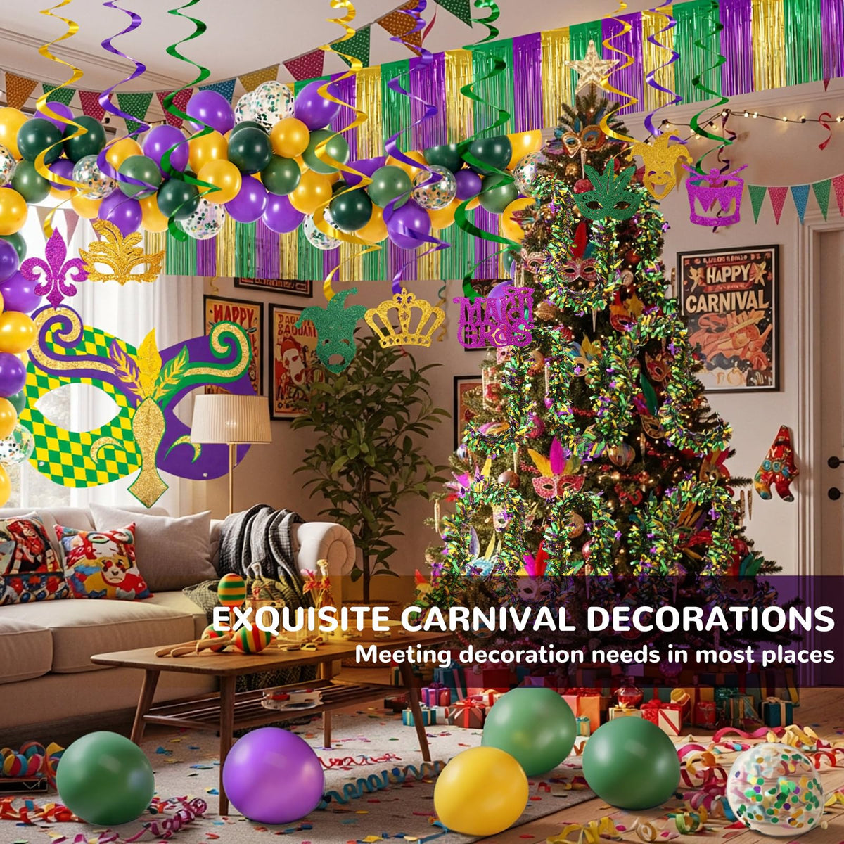 Motionchic Mardi Gras kit balloon chain adds vibrant carnival energy.