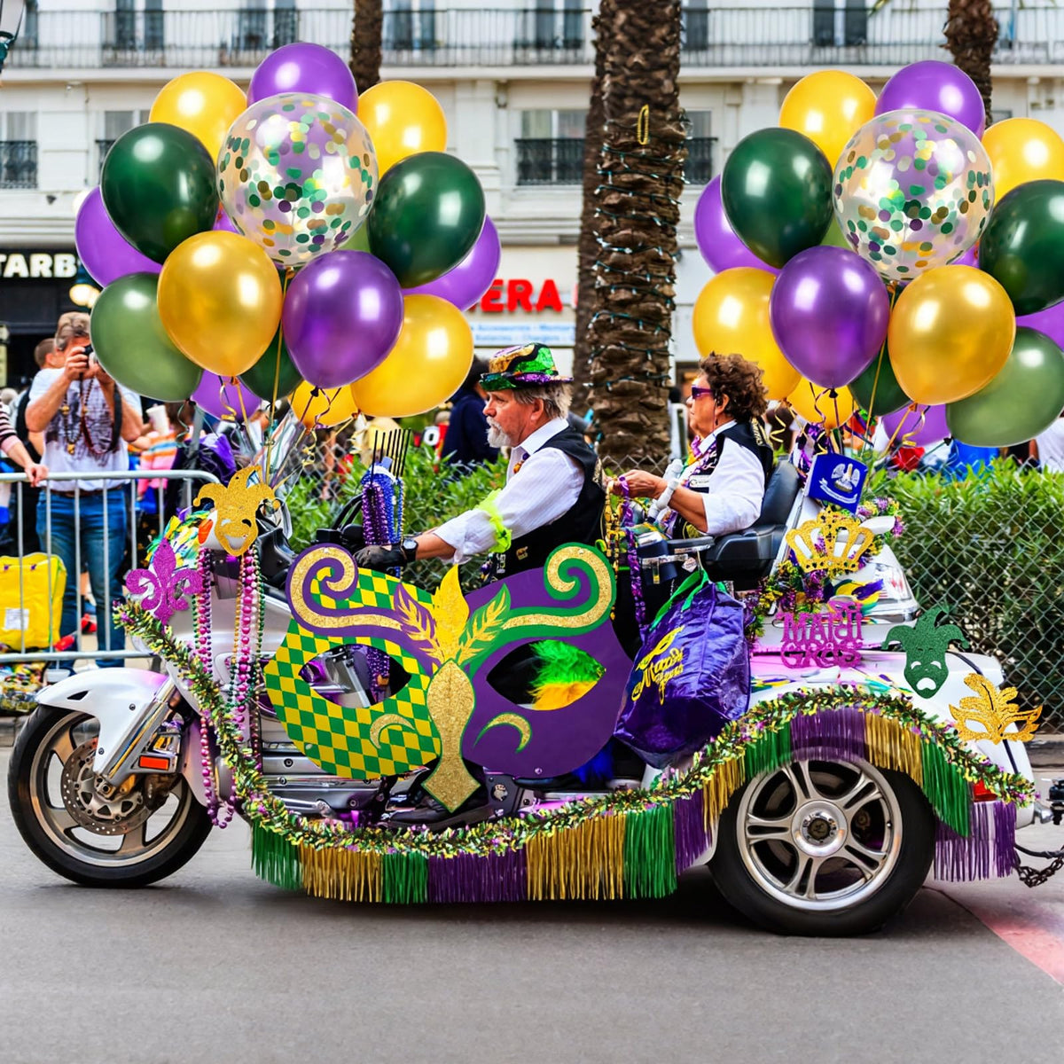 Motionchic Mardi Gras kit curtains brighten spaces with purple, green, and gold.