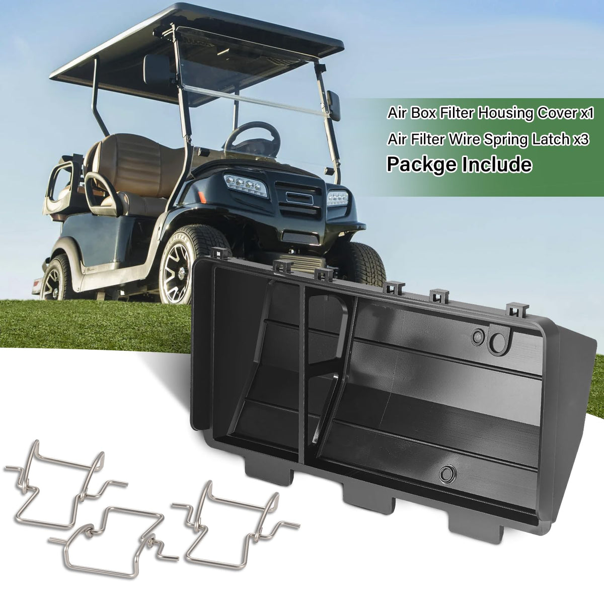MOTO1988 packaging includes air box cover and latches for EZGO carts.