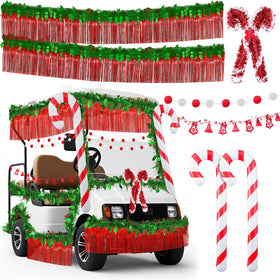 Moucuny Christmas golf banner in red enhances cart and float visuals.