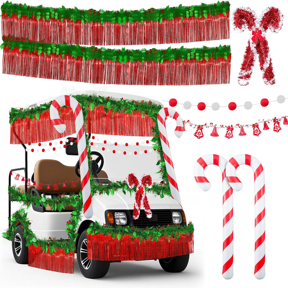 Moucuny Christmas golf banner in red enhances cart and float visuals.
