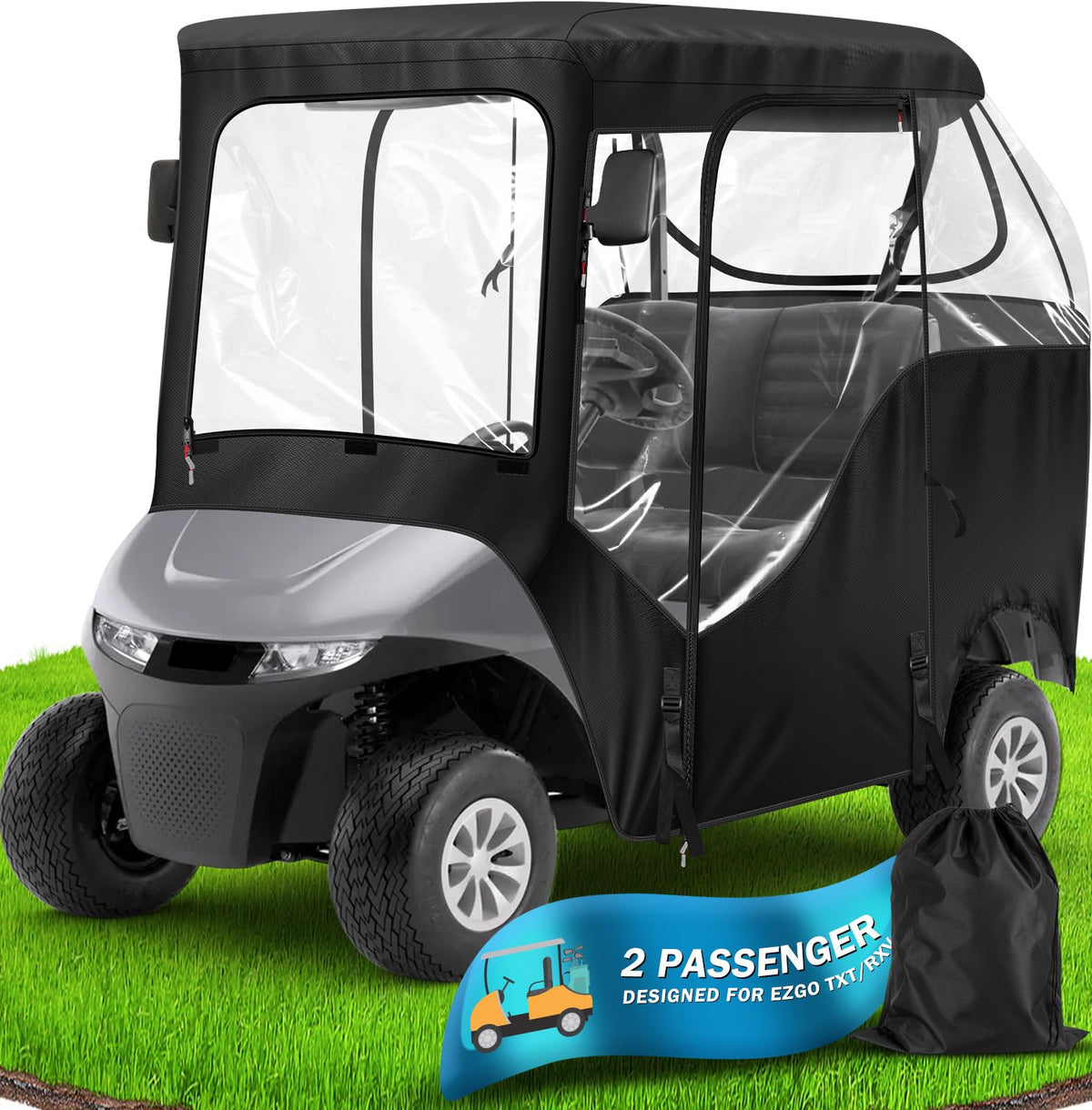 Moveland 2-passenger enclosure front view with clear windows for visibility and rain protection.