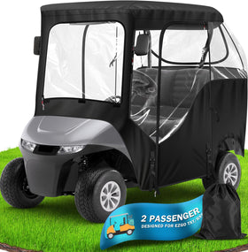 Moveland 2-passenger enclosure front view with clear windows for visibility and rain protection.