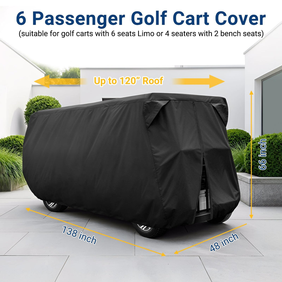 Moveland six‑passenger golf cart cover side view shows snug fit for EZGO, Club Car, Yamaha