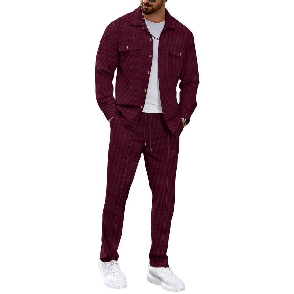 MQUN mens sweatsuits waffle fabric jacket top, soft and breathable for all-day comfort.