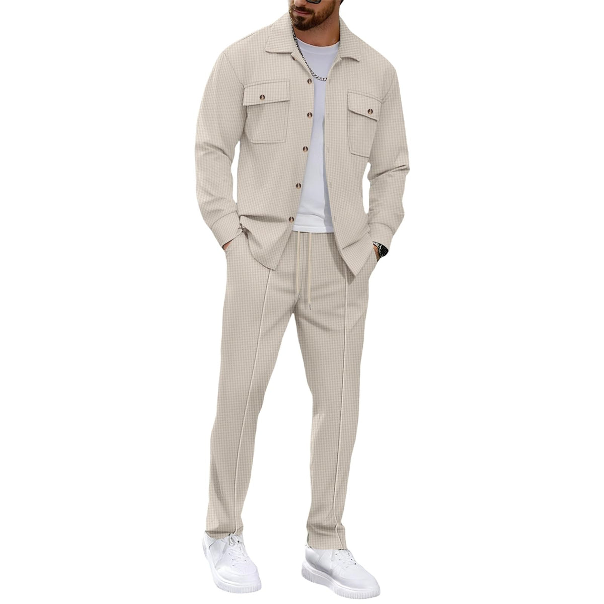 MQUN men's sweatsuits jacket top with waffle plaid fabric for breathable daily wear.