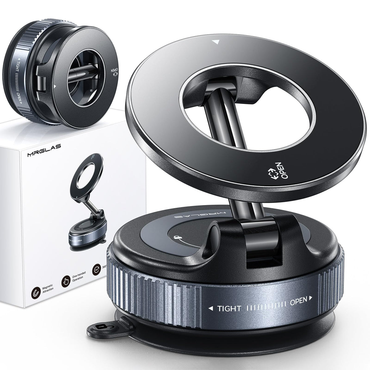 MRGLAS MagSafe car mount with 360° rotation for optimal viewing.