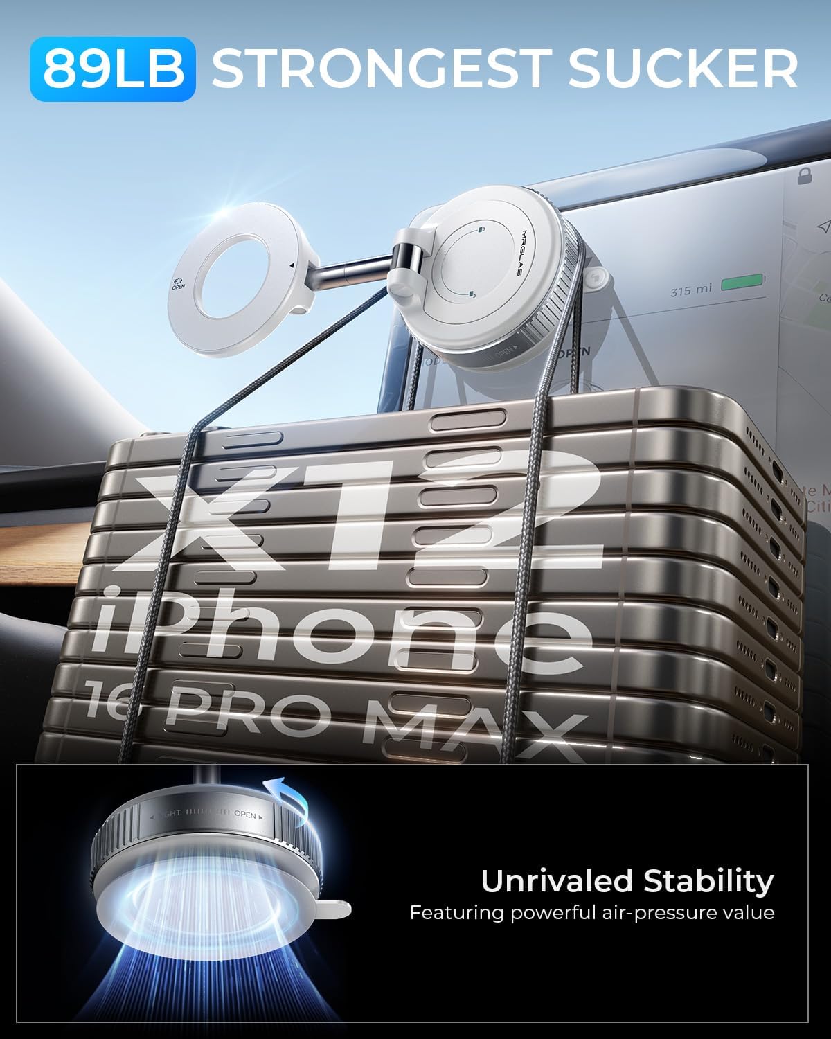MRGLAS strong suction lock for stable mounting on bumpy roads.