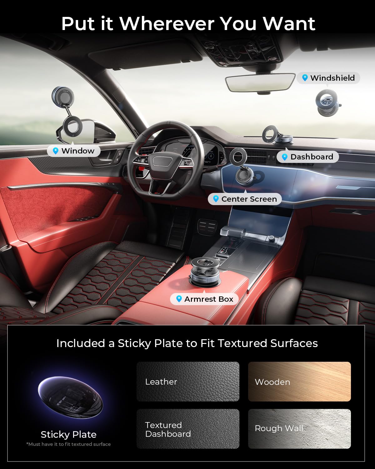 MRGLAS strong vacuum base secures device on rough dashboards.
