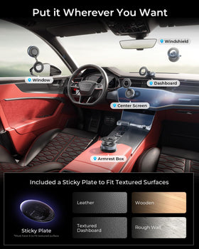 MRGLAS strong vacuum base secures device on rough dashboards.