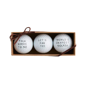 Mud Pie Lets Par Tee golf ball set front view; three printed balls for easy identification.