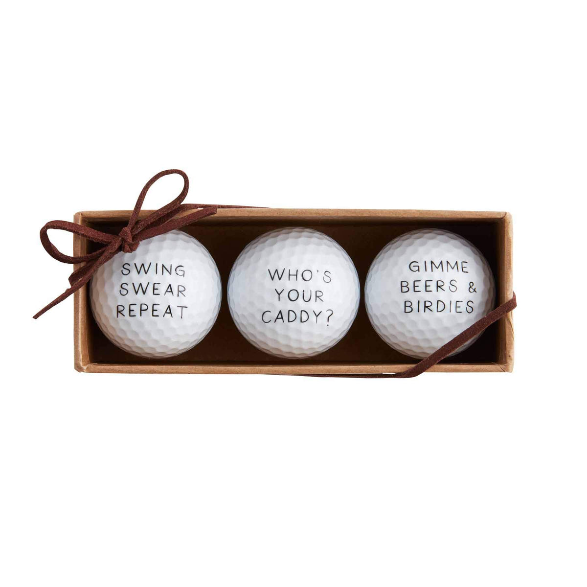 Mud Pie Whos Your Caddy golf ball set with three printed balls for quick on-course identification