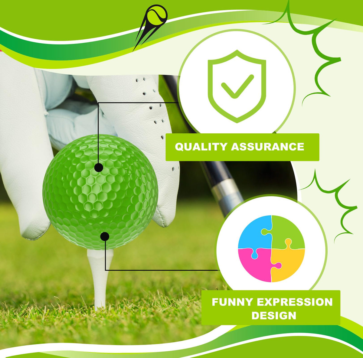 Mudder green emoticon golf ball, clear tracking during sessions.