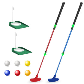 MultiOutools blue and red golf putters set for versatile practice at home or on the course.