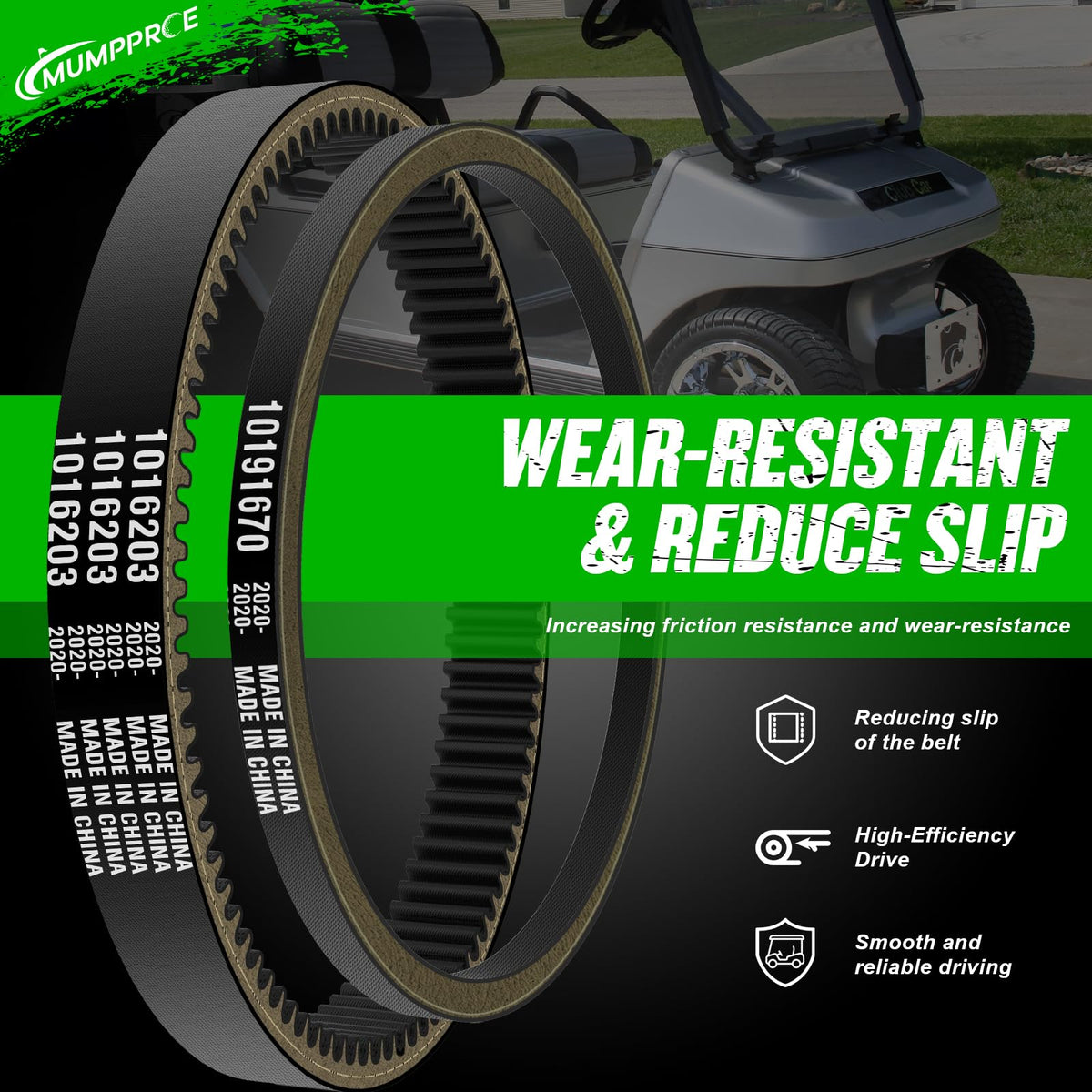 MUMPPRCE Club Car DS drive belt closeup highlights high-tensile rubber construction.