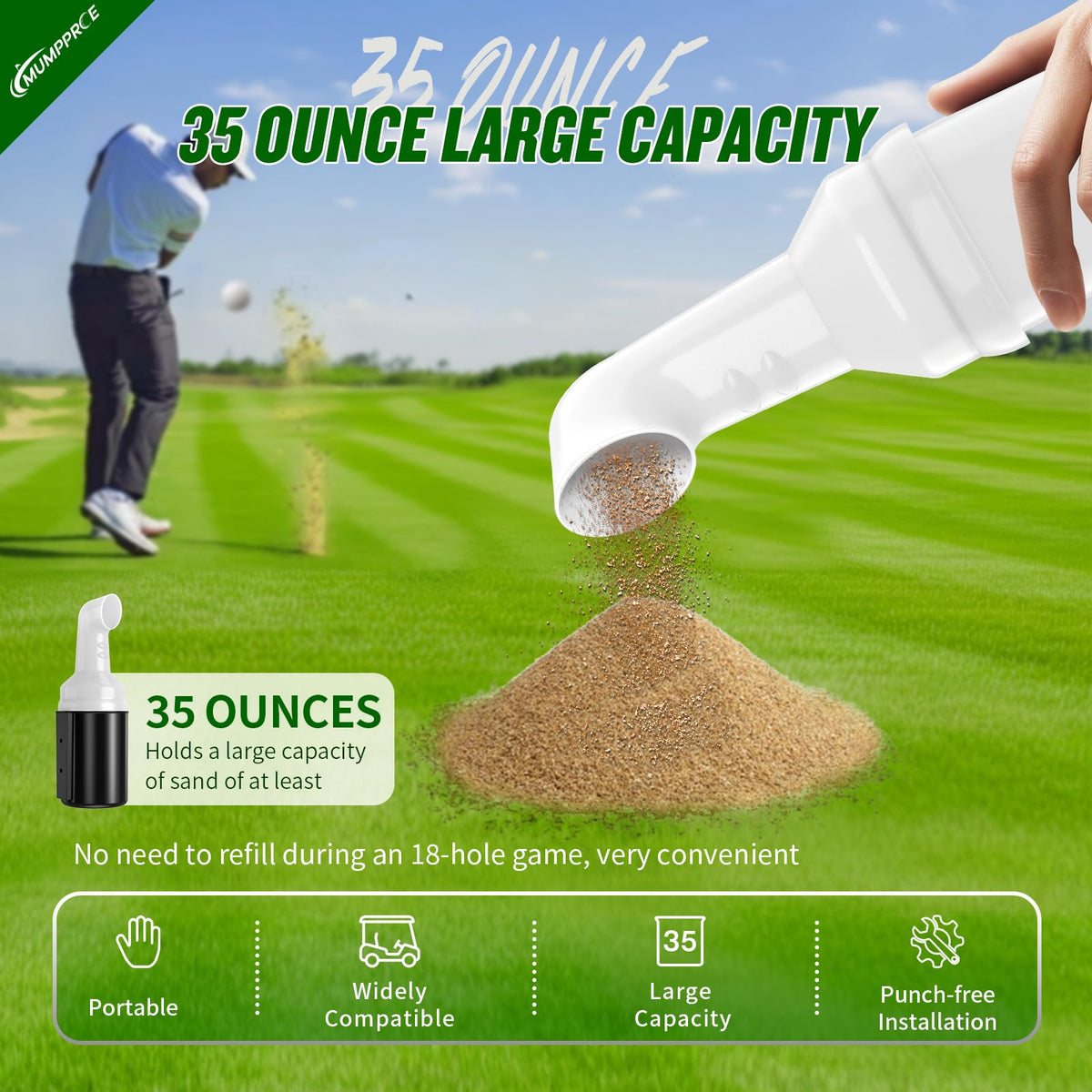 MUMPPRCE divot filler sand bottle installed without drilling, saving time on course