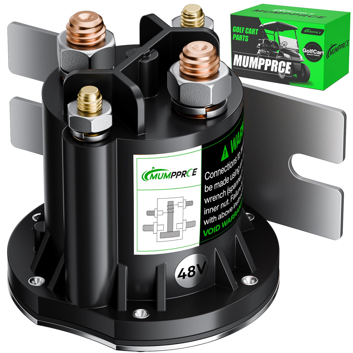 MUMPPRCE EZGO 48V solenoid relay close-up reveals durable construction for longevity.