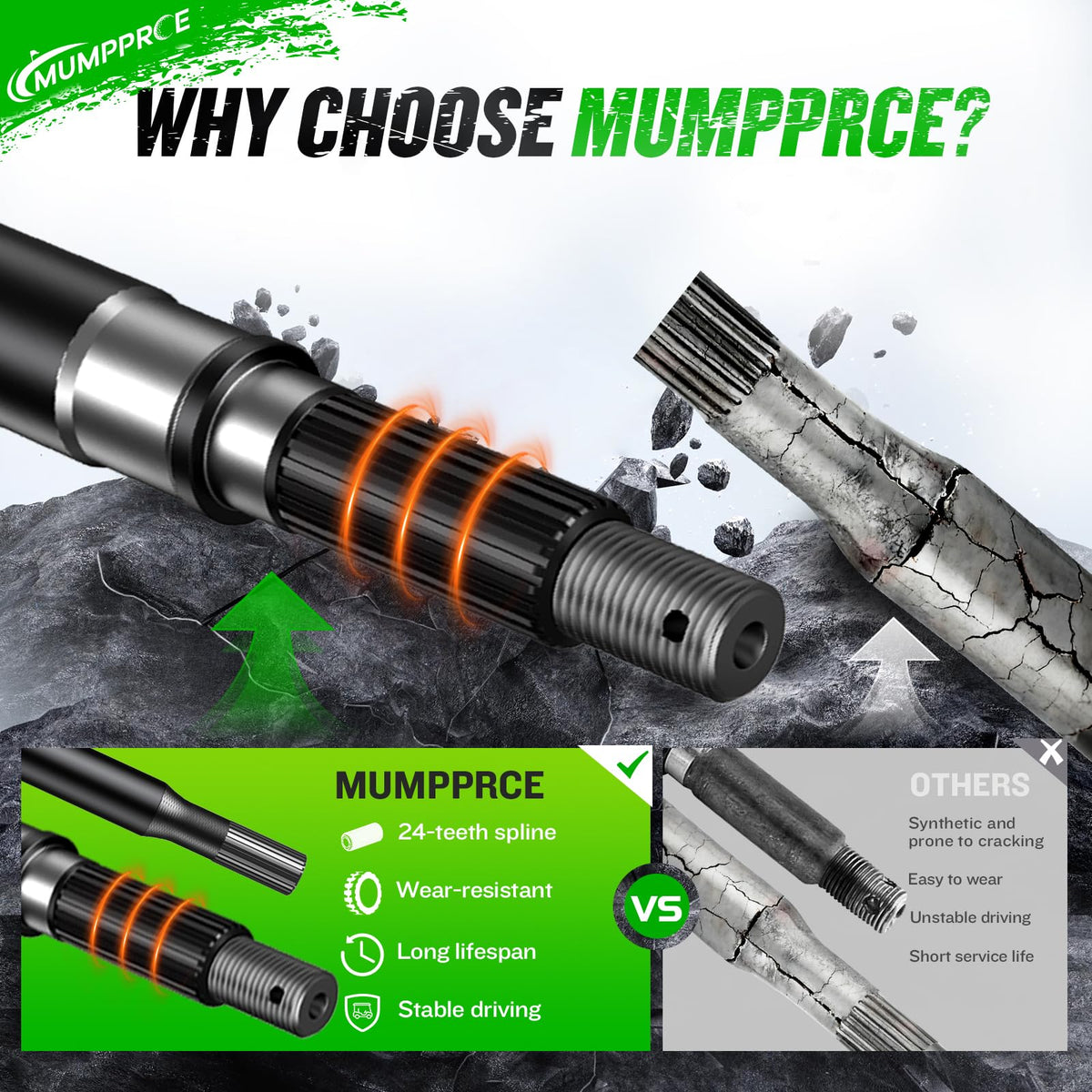MUMPPRCE EZGO one-piece forged axle shaft offers strong, seamless installation.