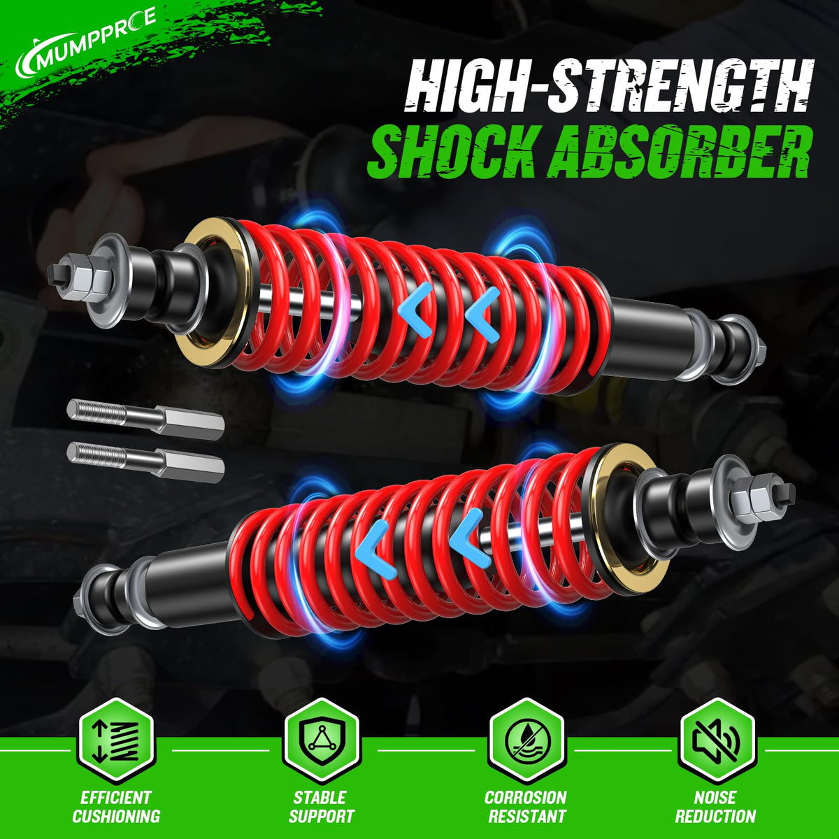 Close-up of heavy-duty spiral springs on MUMPPRCE EZGO shock absorber.