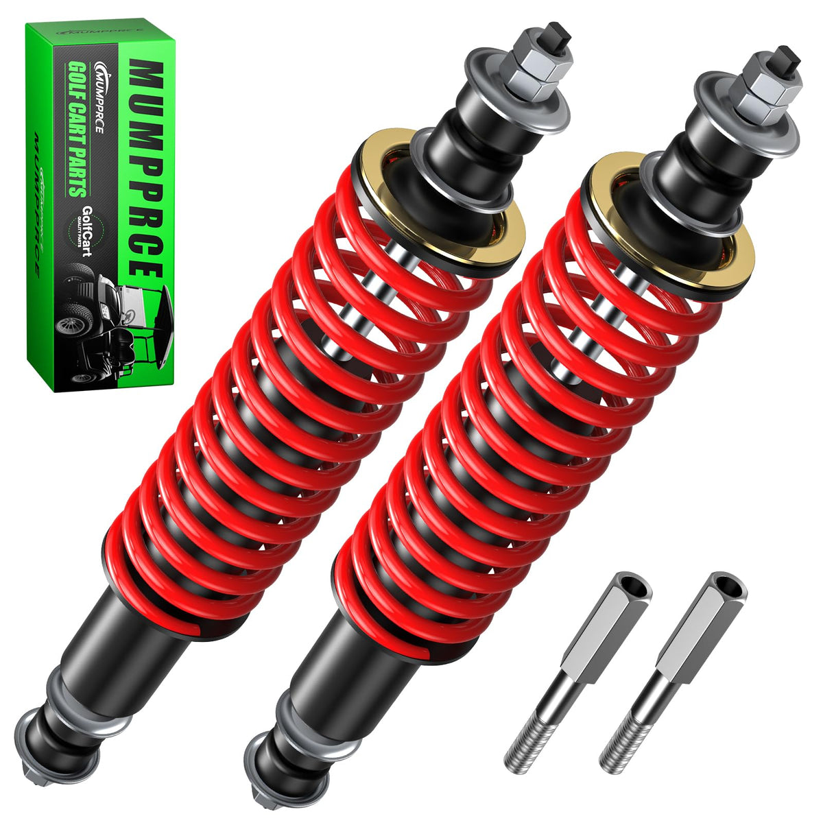 MUMPPRCE EZGO TXT front shock absorber mounted for smoother ride on uneven terrain.