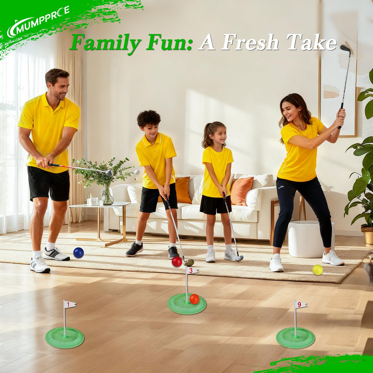 MUMPPRCE Putt-Putt holes arrangement in living room for quick, engaging play.