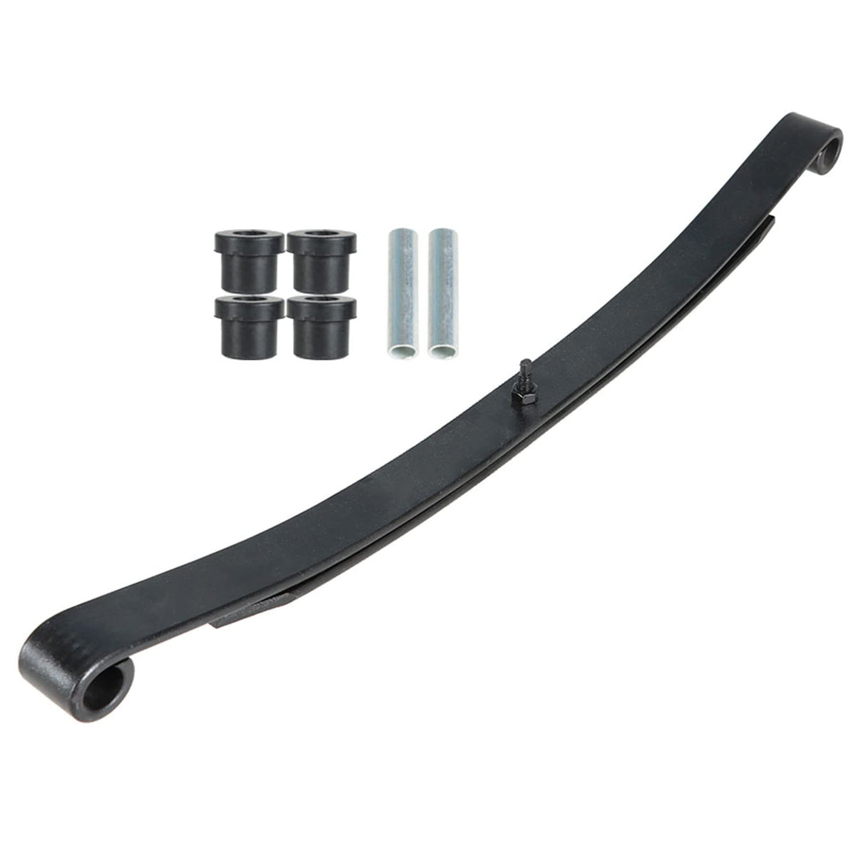 Munirater front leaf spring kit with bushings and sleeves improves ride smoothness.