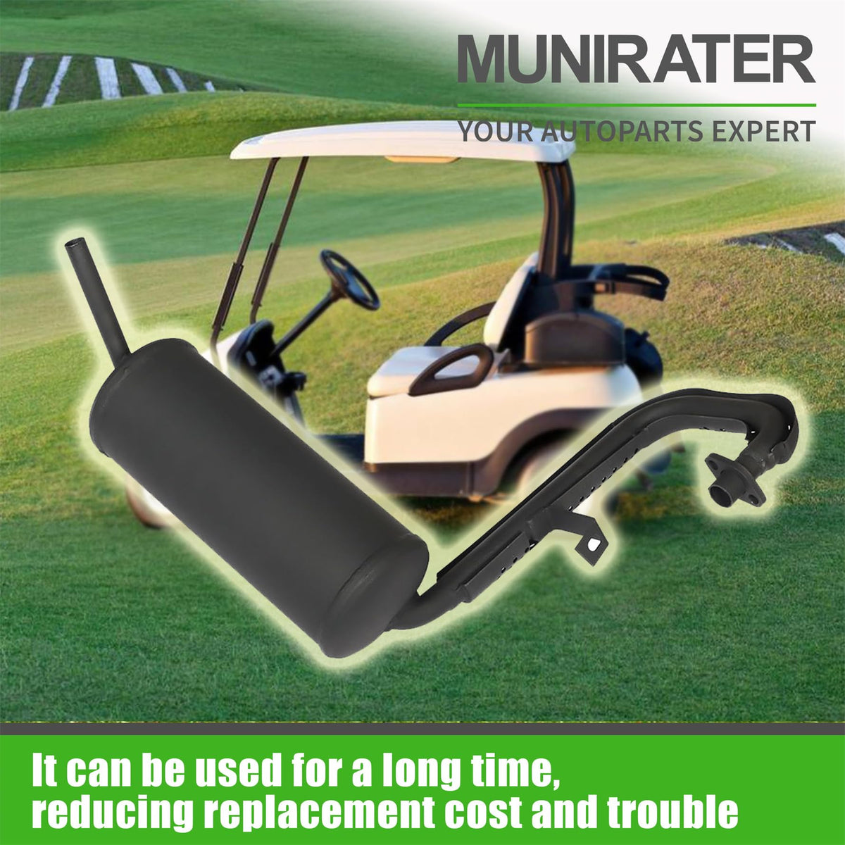 Munirater FE290 installation-ready muffler on cart for easy swap.