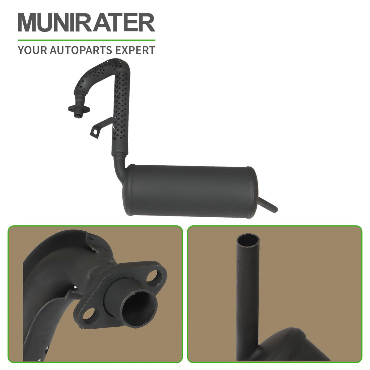 Munirater FE290 muffler side view shows compact fit and high-temperature coating.