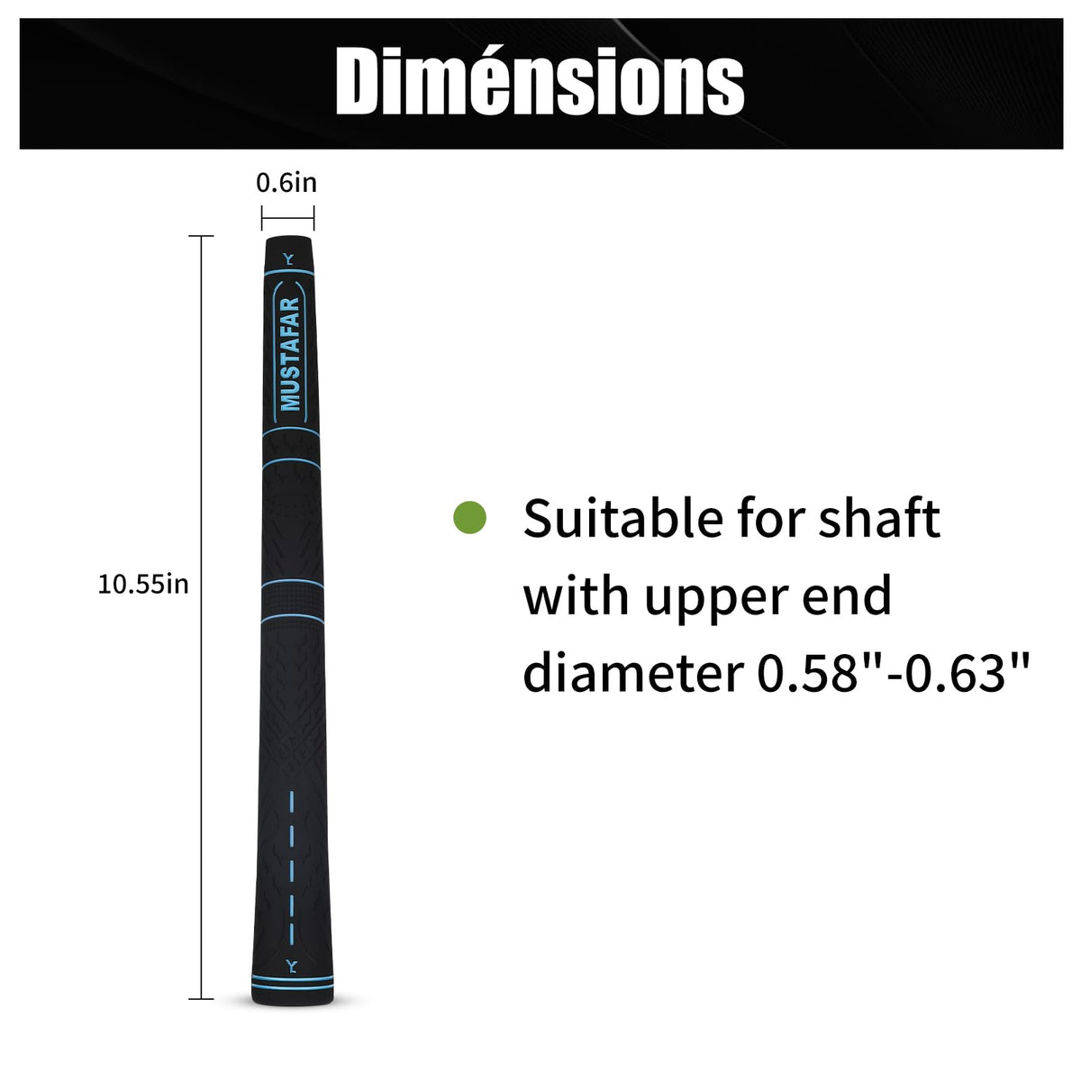 MUSTAFAR blue grip length and weight spec highlights swing balance and control