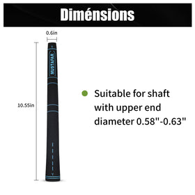 MUSTAFAR blue grip length and weight spec highlights swing balance and control
