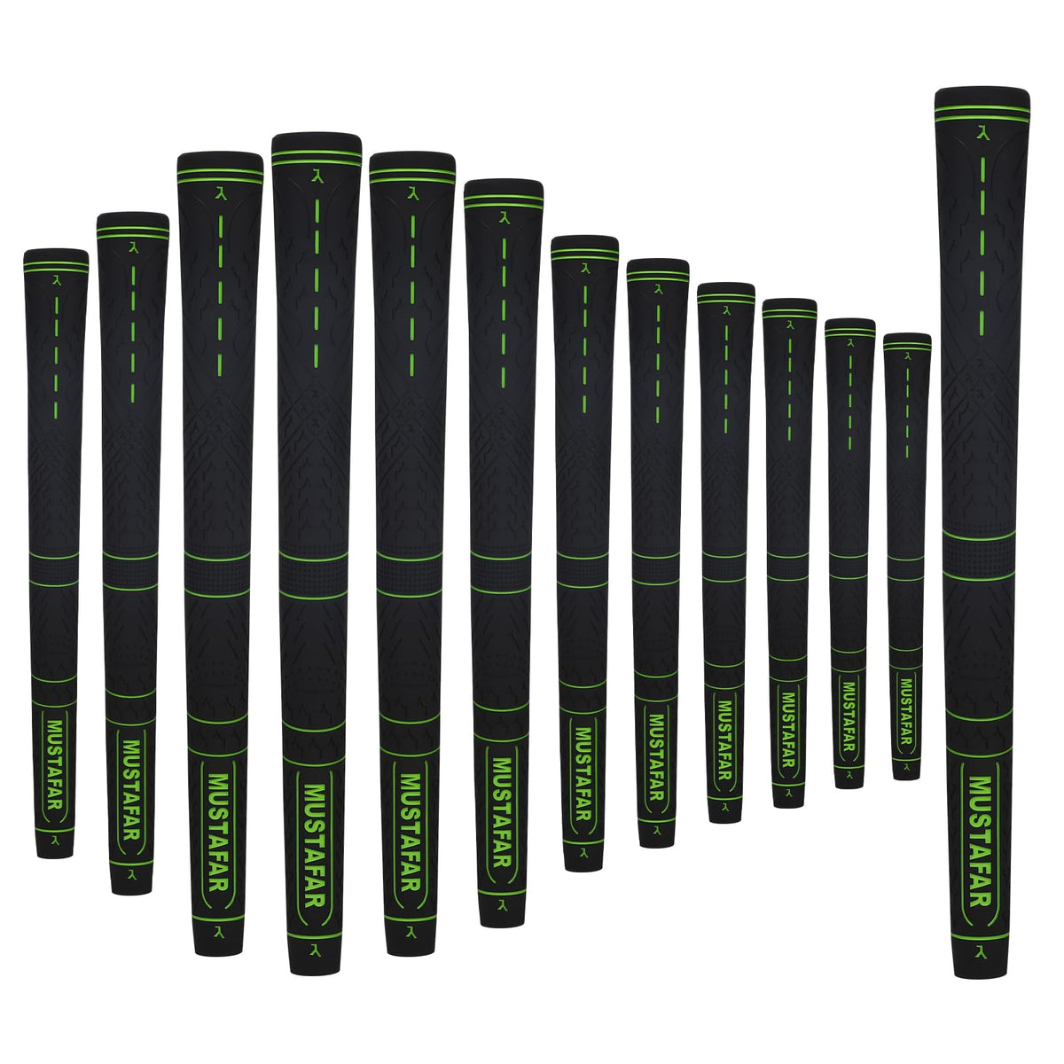 Mustafar premium rubber golf grips 13-pack green full set provides consistent traction.