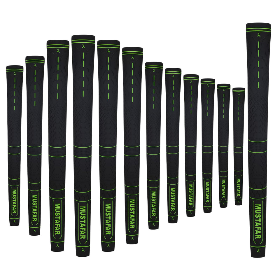 Mustafar premium rubber golf grips 13-pack green full set provides consistent traction.