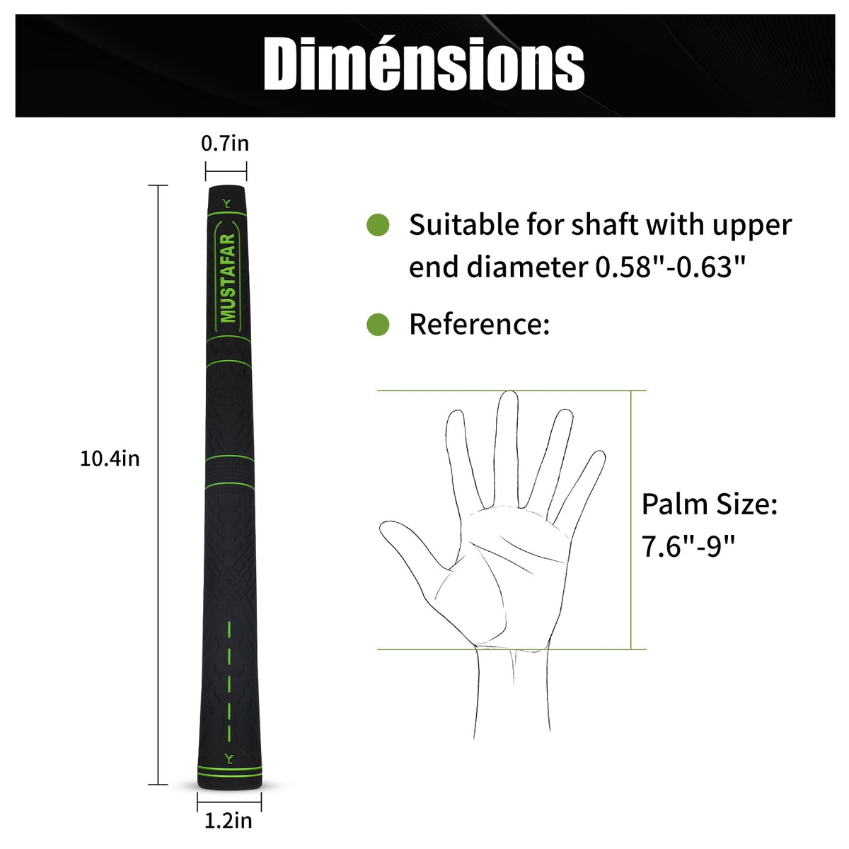 Mustafar midsize green grip with core 58-63mm improves swing stability.