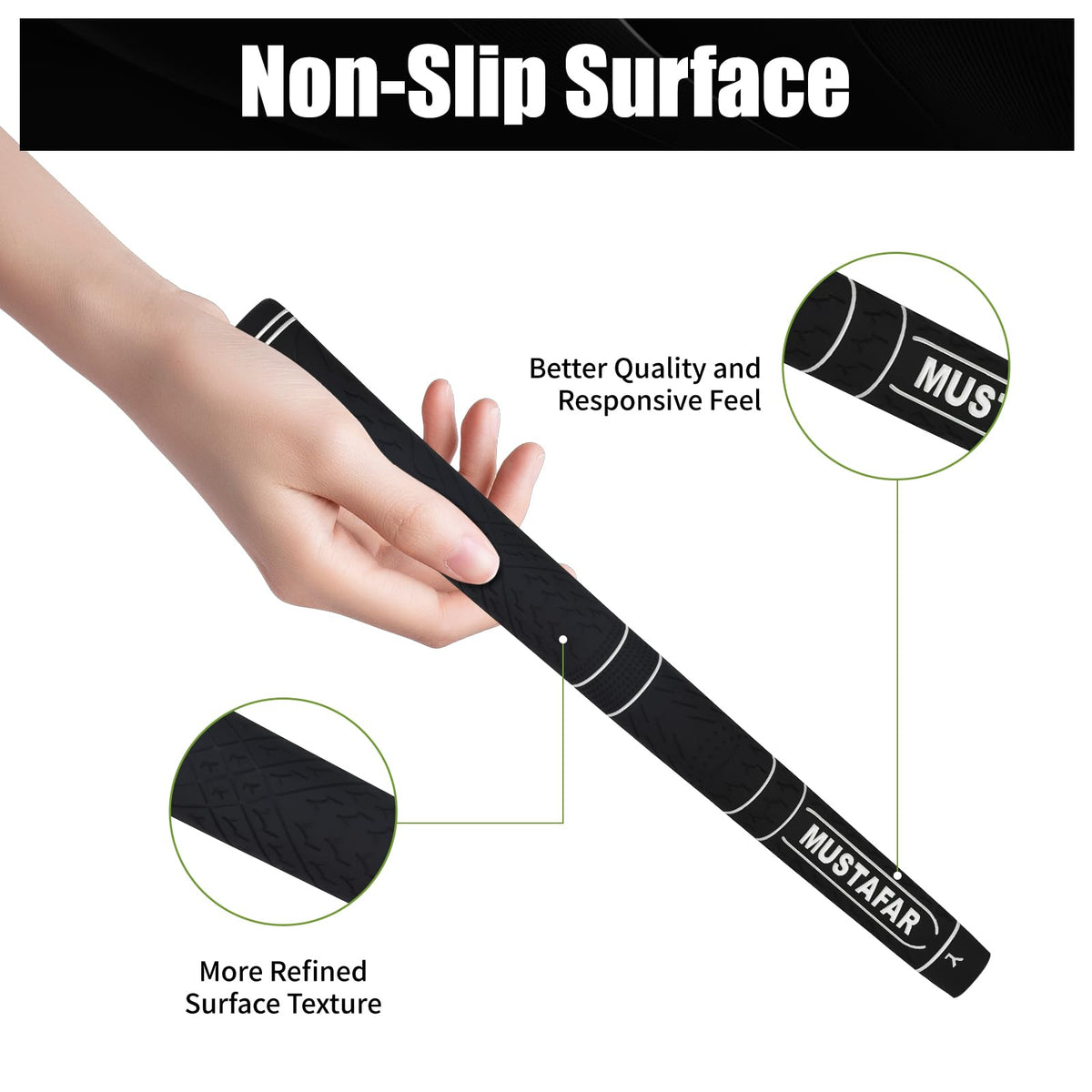 MUSTAFAR rain-friendly grip in white reduces slip during swing.