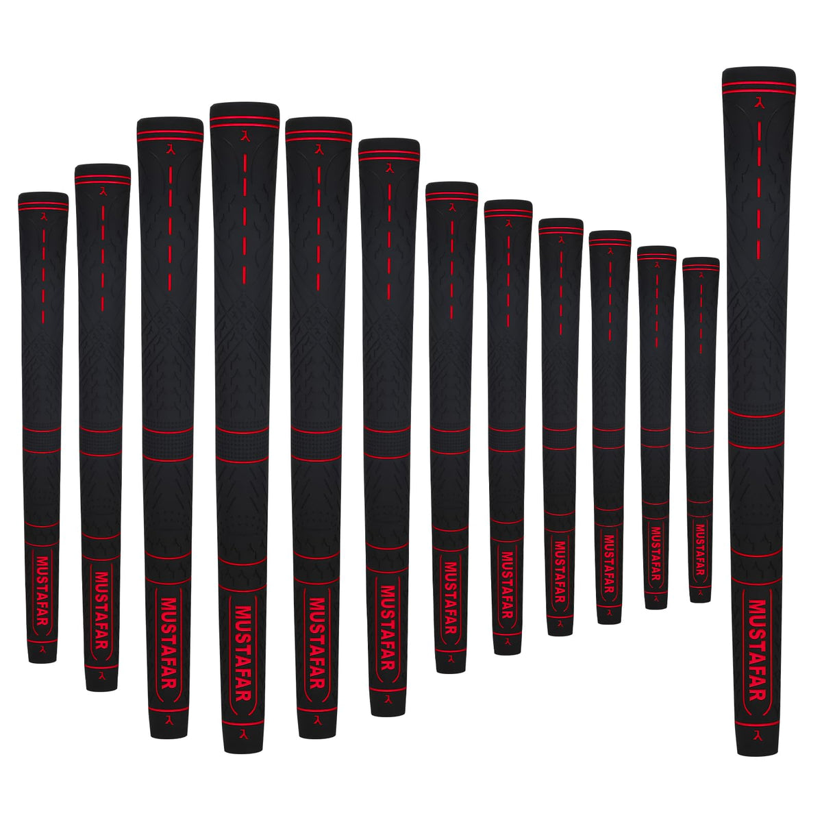 MUSTAFAR red midsize grip, front view, for stable swing comfort.