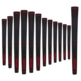 MUSTAFAR red midsize grip, front view, for stable swing comfort.