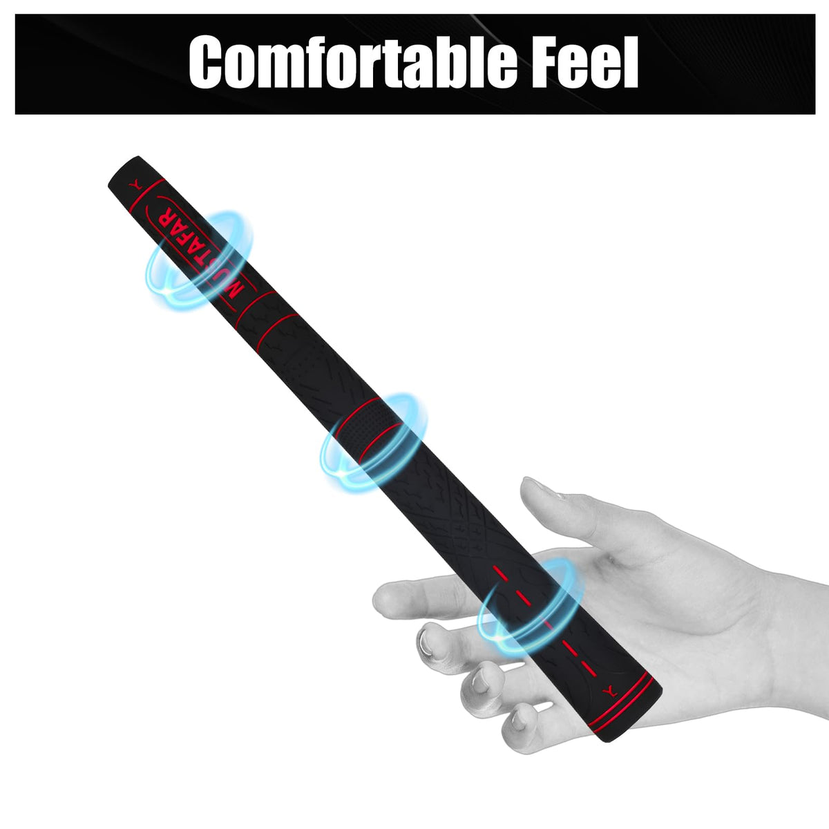 MUSTAFAR red grip close-up, soft-touch feel for fatigue reduction.