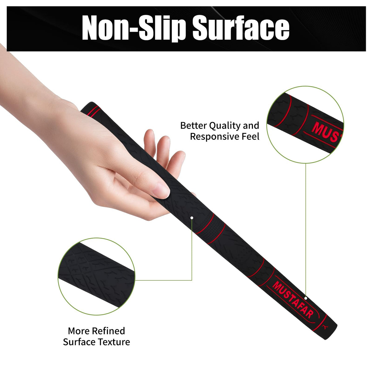 MUSTAFAR red grip texture close-up, anti-slip surface.