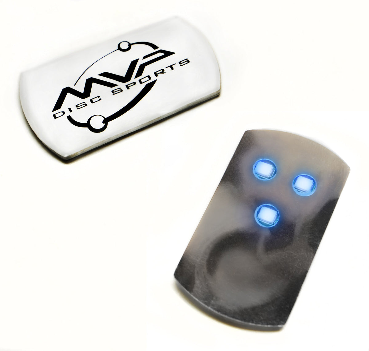 MVP Disc Golf Tri-Lite lights showing multiple color options for visibility.