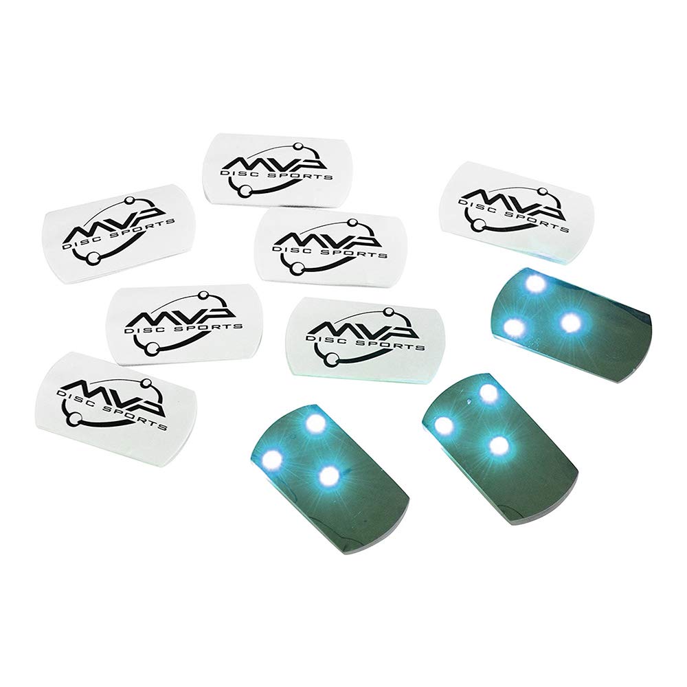 MVP Disc Golf Tri-Lite flat LED attachment on a disc for secure night play.
