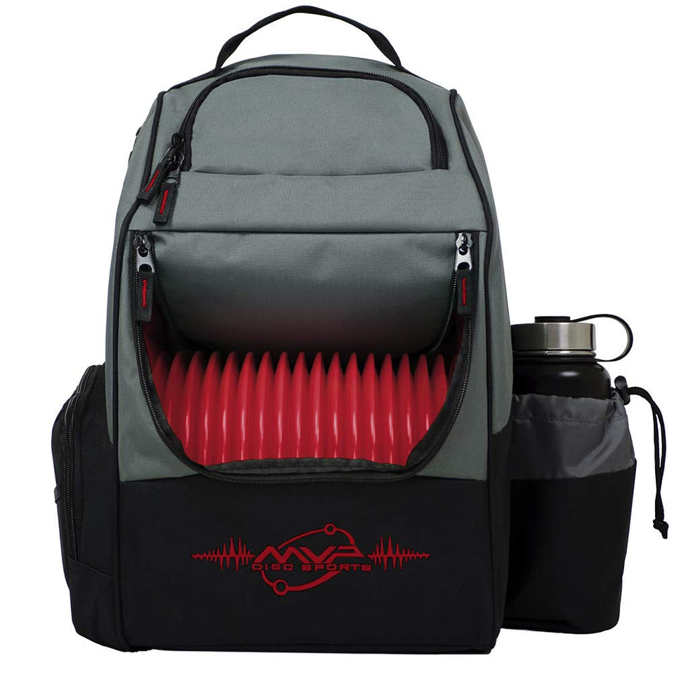 MVP Disc Shuttle backpack gray, ready to carry discs and gear.