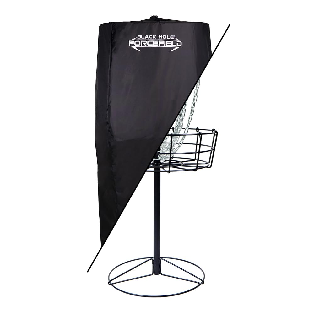 MVP Disc Sports Black Hole Forcefield cover on basket demonstrates weatherproof protection for practice setups.