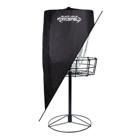 MVP Disc Sports Black Hole Forcefield cover on basket demonstrates weatherproof protection for practice setups.