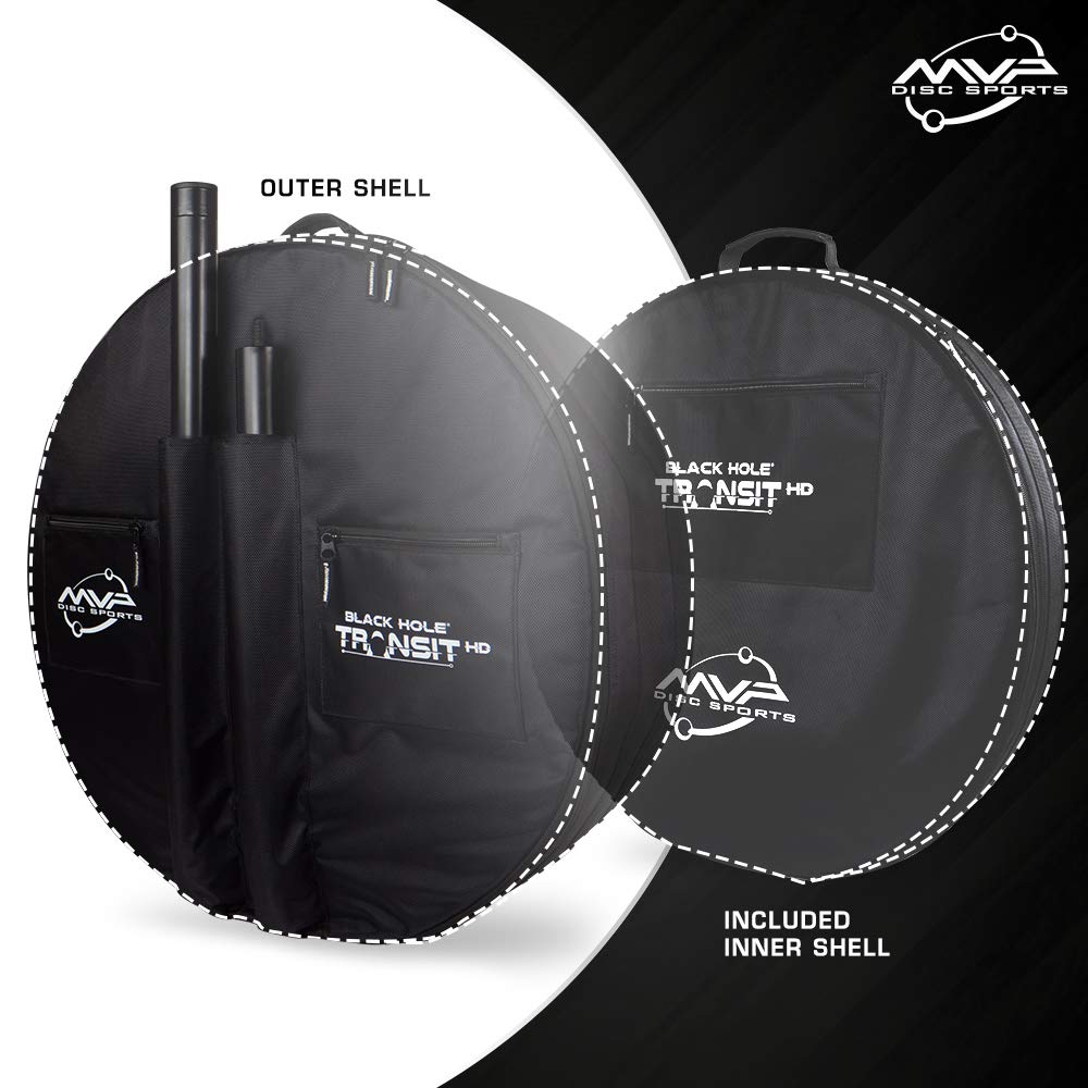 MVP Disc Sports Black Hole HD Transit Bag with protective compartments guarding baskets during travel.