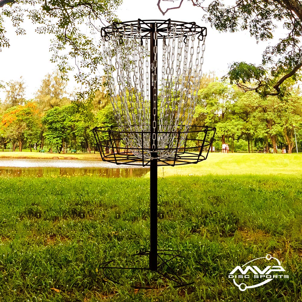 MVP Disc Sports Black Hole Practice Basket in use at backyard or park for versatile practice.